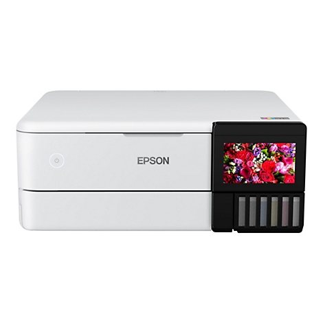 Weißer Drucker mit Epson-Logo und Display mit Blumen. Rechts befinden sich Tintenbehälter. Ein/Aus-Knopf links.