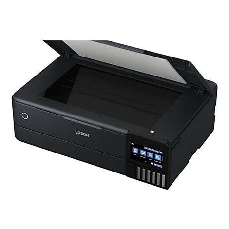 Schwarzer Epson Tintenstrahldrucker mit geöffnetem Scannerdeckel und vorderem Touchscreen-Display.