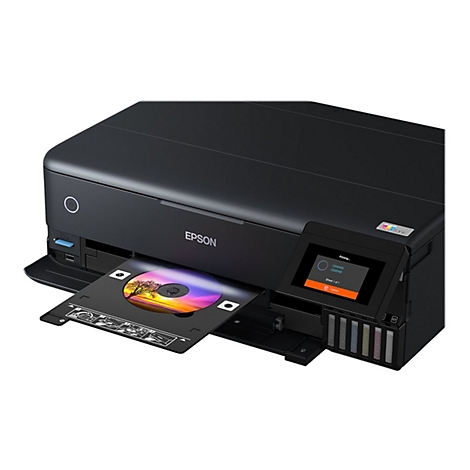 Schwarzer Epson EcoTank Drucker bedruckt eine CD mit einem farbenfrohen Sonnenuntergangsbild.