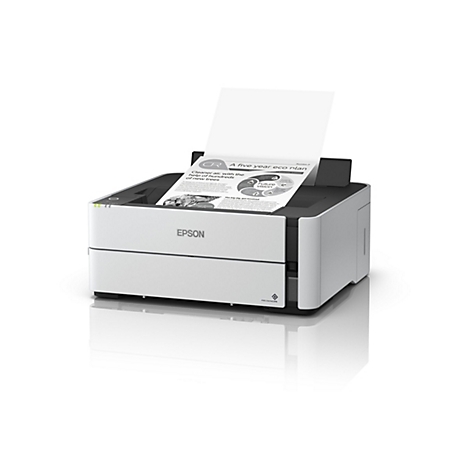 Ein grauer Epson-Laserdrucker druckt ein Blatt Papier. Auf dem Papier sind Text und Grafiken zu sehen, die einen "Fünfjahres-Öko-Plan" beschreiben. Das Epson-Logo ist sichtbar.