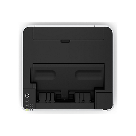 Draufsicht auf einen weißen Drucker mit schwarzem Element. Rechts befindet sich ein Bedienfeld mit Symbolen und Tasten.