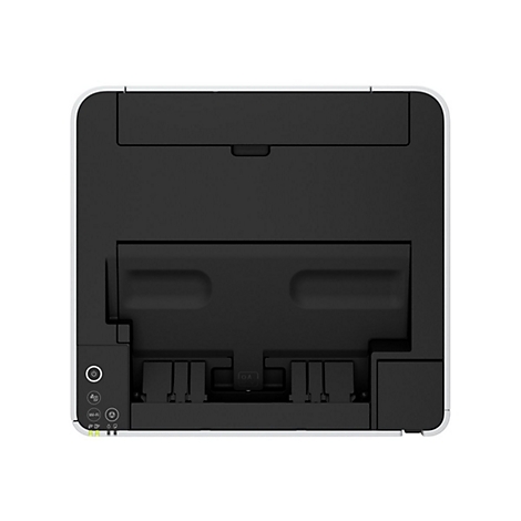 Draufsicht auf einen weißen Drucker mit schwarzer Front. Sichtbar sind Ein-/Aus-Knopf, Wi-Fi und andere Symbole.