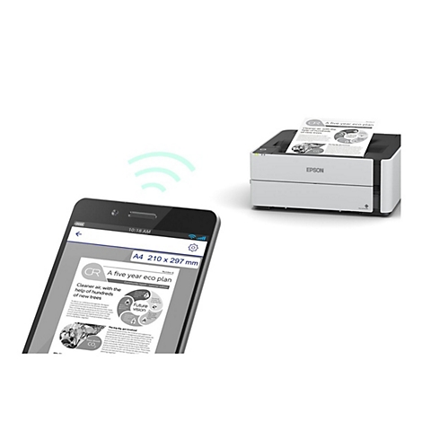 Drucker mit Smartphone: Ein Smartphone zeigt ein Dokument, das drahtlos an einen Epson Drucker gesendet wird.