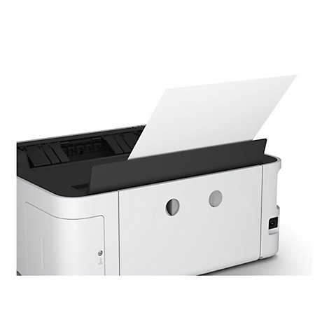 Ein weißer Drucker, aus dem ein Blatt Papier herausragt. Der Drucker hat eine schwarze Papierzufuhr und runde Löcher auf der Vorderseite.