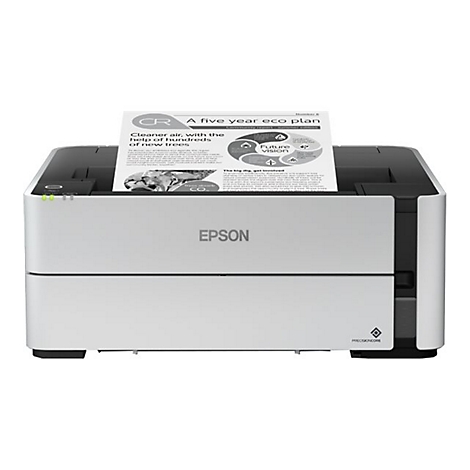 Weiß-grauer Drucker von Epson mit Papierausdruck: "A five year eco plan".