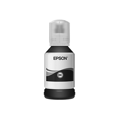 Flacon d'encre noire Epson, avec couvercle. Inscription : EPSON, BK.