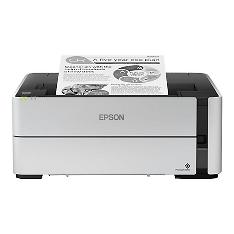 Imprimante Epson blanche avec une feuille de papier montrant un plan Ã©cologique sur cinq ans.