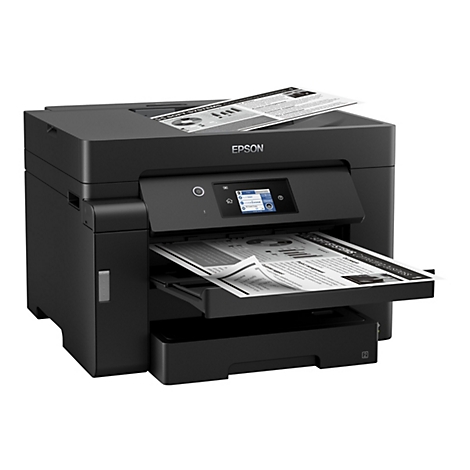 Schwarzer Drucker mit ausgedrucktem Papier. Auf dem Display werden Optionen angezeigt.