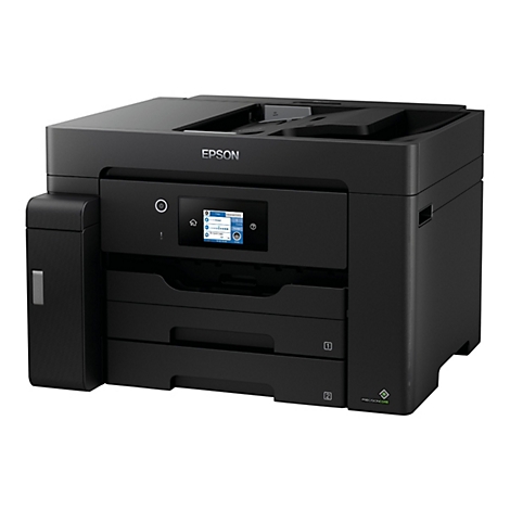 Ein schwarzer Epson-Multifunktionsdrucker. Auf dem Display ist ein Menü mit Optionen wie Kopieren, Einstellungen, Vorschau usw. zu sehen.