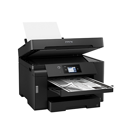 Ein schwarzer Epson-Multifunktionsdrucker. Das Papierfach ist geöffnet, ein Blatt wird gerade bedruckt, ein anderes kommt heraus. Auf dem Bedienfeld ist ein farbiges Display zu sehen.