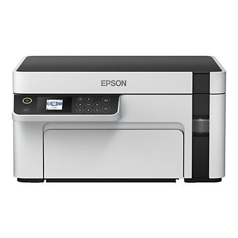 Ein weiß-schwarzer Drucker von Epson. Auf der Vorderseite befindet sich ein kleines Display mit Tasten, darunter die Funktion "Kopieren".