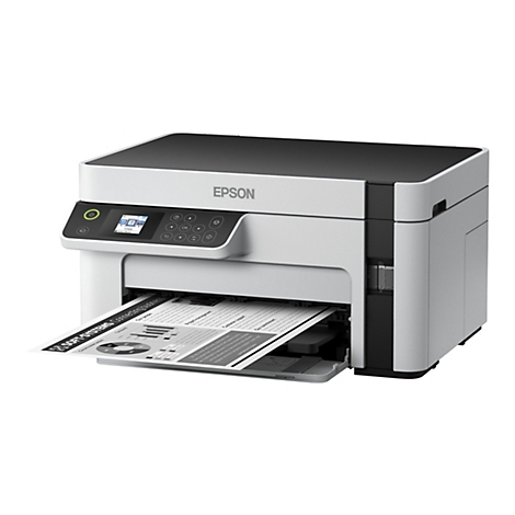 Ein grauer Epson-Multifunktionsdrucker druckt ein Dokument. Oben schwarz, darunter weiß und grau, mit Epson-Logo. Ein Blatt wird bedruckt herausgeführt.