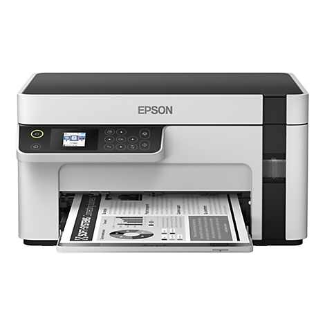 Ein Epson-Multifunktionsdrucker, der ein Blatt Papier bedruckt. Auf dem Bedienfeld befindet sich ein Bildschirm mit Optionen.
