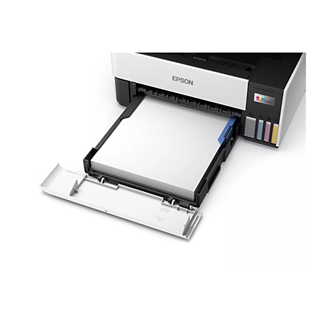 Ein Drucker mit weißem Gehäuse, das Papierfach ist geöffnet. Oben steht das Epson Logo. Daneben ist das Ecotank-System zu sehen.