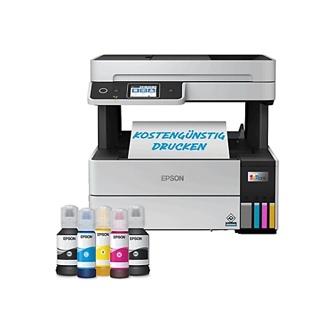 Ein Epson EcoTank-Multifunktionsdrucker mit Tintenflaschen. Auf dem Display steht: "KOSTENÜNSTIG DRUCKEN".
