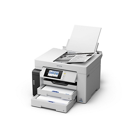 Ein weißer Drucker mit geöffneter Scan-Einheit, Papier in den Schubladen. Auf dem Display ist ein Menü abgebildet. Auf dem Scanner liegt ein Blatt Papier.