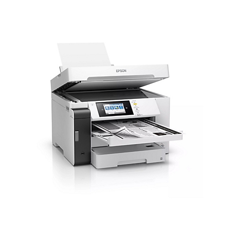 Ein weißer Drucker mit geöffnetem Deckel, der Papier ausgibt. Auf dem Bedienfeld sind Icons zu sehen.