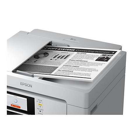 Ein grauer Epson-Drucker druckt ein Dokument mit Diagrammen und Text, der von der Maschine ausgegeben wird. Auf dem Display ist "Scanning the original" zu sehen.