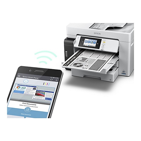 Ein Drucker druckt ein Dokument, während ein Smartphone drahtlos verbunden ist. Auf dem Smartphone wird die Epson Smart Panel App gezeigt.