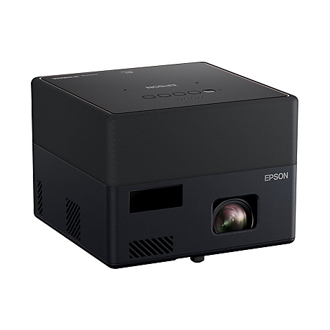 Schwarzer Epson-Projektor mit Objektiv, Tasten und Logo auf hellem Hintergrund. 