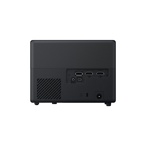 Dunkelgrauer Projektor-Rückseite mit Anschlüssen: USB-A, HDMI, Audio-Ausgang. Schwarzes Gehäuse, weiße Schrift. Auf weißem Hintergrund.