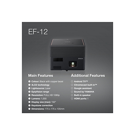 Schwarzer Epson EF-12 Projektor mit kupferfarbenem Rand, Eigenschaften werden durch Check-Markierungen hervorgehoben, einschließlich Full HD 1080p Auflösung und Android TV.
