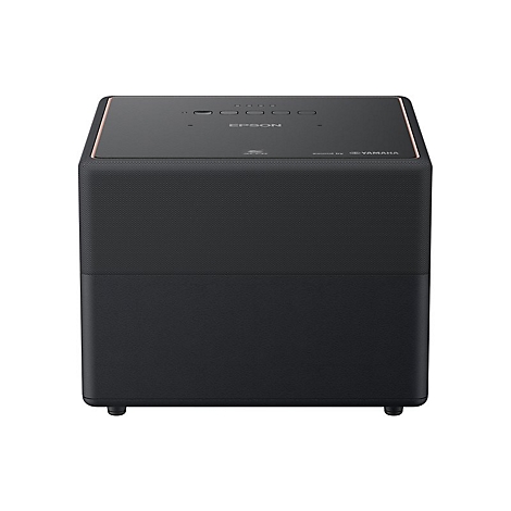 Schwarzer Epson Projektor mit kupferfarbener Umrandung, EPSON-Logo und Sound by Yamaha-Schriftzug.