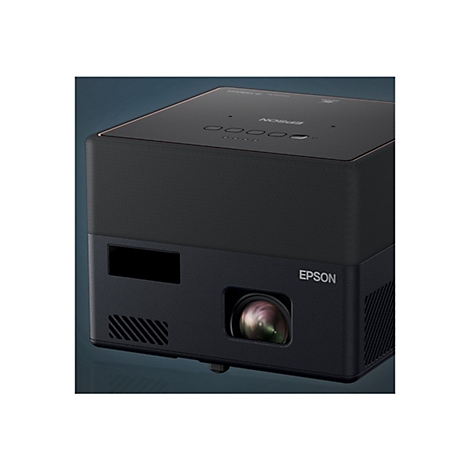 Dunkelschwarzer Epson-Projektor, rechteckig, mit Objektiv und Bedienknöpfen. Aufschrift "Epson".