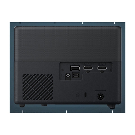 Rückseite eines schwarzen Projektors mit Anschlüssen: USB-A, HDMI, Stromanschluss.