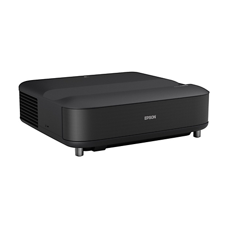 Ein schwarzer Projektor mit Epson-Logo, auf weißem Hintergrund.