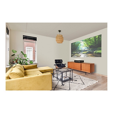 Ein Wohnzimmer mit einem Projektor, der ein Wald-Szenario an die Wand wirft. Gelbe Couch, Teppich mit Muster.