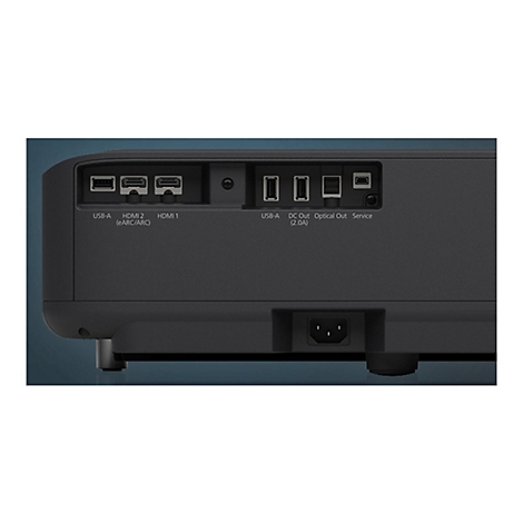 Nahaufnahme der Rückseite eines schwarzen Projektors mit Anschlüssen wie USB, HDMI, optischer Ausgang und Stromanschluss.
