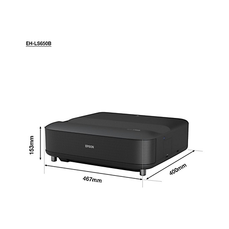 Schwarzer Epson Projektor EH-LS650B. Maße: 467mm x 400mm x 153mm. Aufschrift: EPSON.