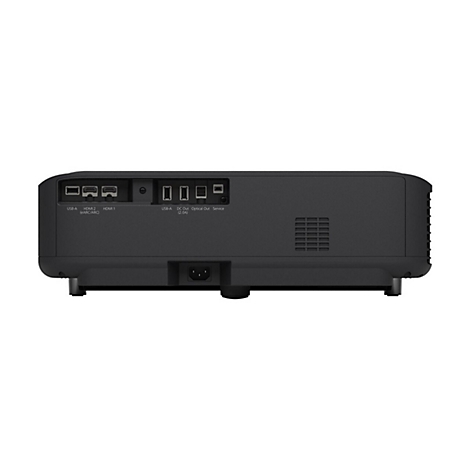 Rückseite eines schwarzen Projektors mit Anschlüssen: USB, HDMI, DC Out und Service. Unten ein Stromanschluss.
