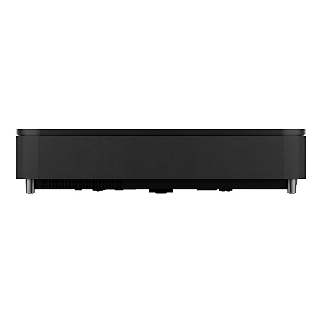 Schwarzer Projektor, Frontansicht, auf weißen Hintergrund. Geriffelte Oberfläche, metallische Füße.