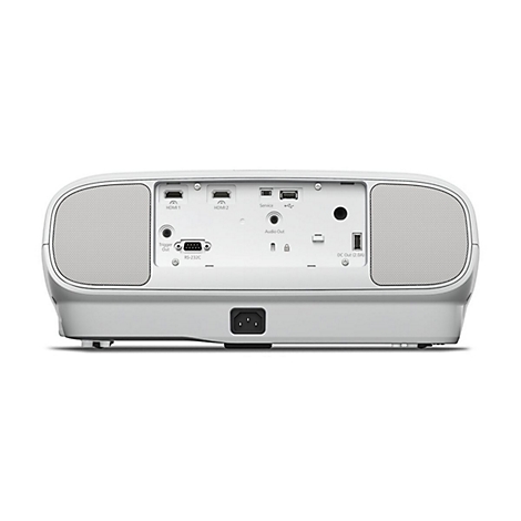 WeiÃŸe Projektor-RÃ¼ckseite mit AnschlÃ¼ssen fÃ¼r HDMI, USB und Strom.