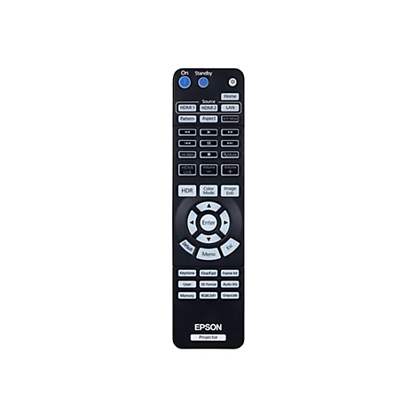Schwarze Fernbedienung fÃ¼r einen Epson Projektor. KnÃ¶pfe mit Beschriftungen wie HDMI 1, HDR, und Enter. Oben befinden sich die KnÃ¶pfe On und Standby.
