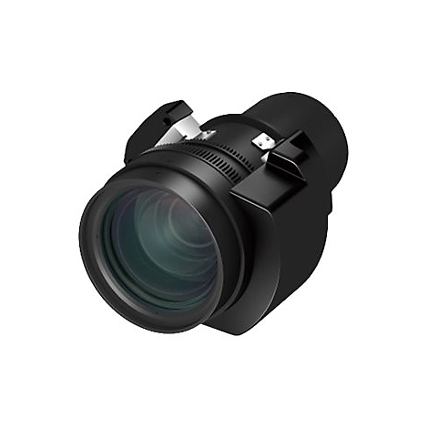 Schwarzes Kameraobjektiv mit Linse und verschiedenen Elementen. Im Hintergrund ist ein weißer Hintergrund zu sehen.