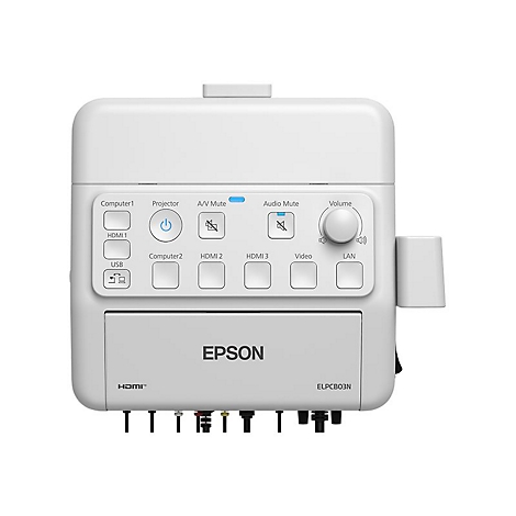 Weißes Epson Steuerpult für Projektoren mit Tasten für Quellenwahl, Lautstärke und Stummschaltung auf hellem Grund.