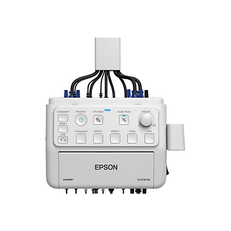 Epson Anschlussbox für Projektoren mit weißem Gehäuse, Bedientasten und angeschlossenen Kabeln.