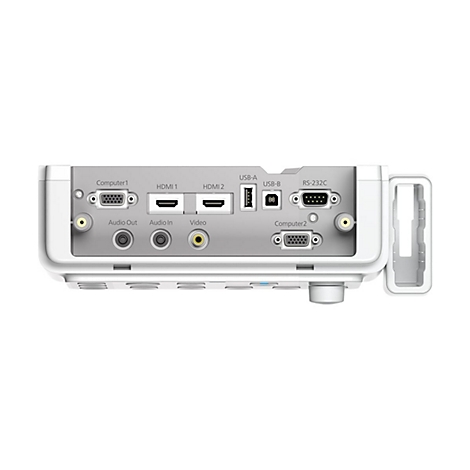Anschlussfeld eines weißen Projektors mit HDMI-, VGA-, USB- und Audio-Eingängen sowie Beschriftungen.