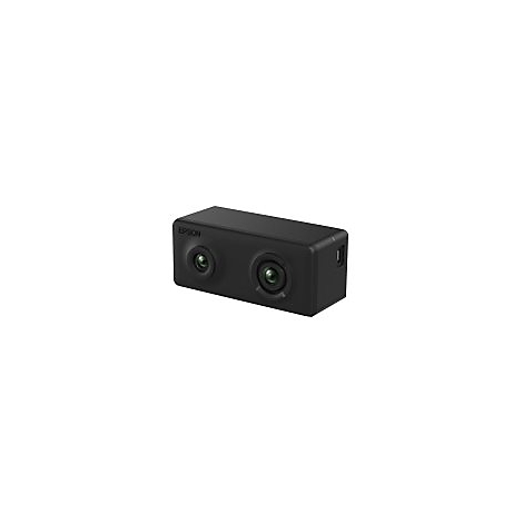 Schwarze Epson Stereokamera mit zwei Objektiven auf weißem Hintergrund.