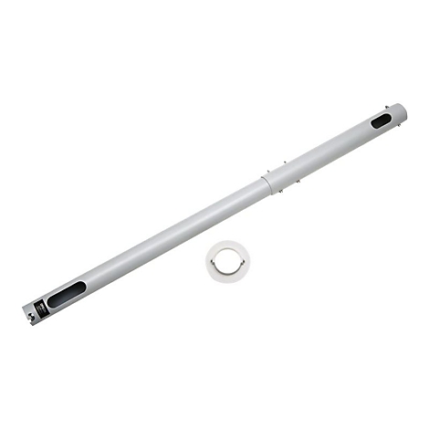 Grauer Metallstab mit Aussparungen und weißer Halterung.