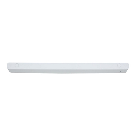 Weiße, längliche Soundbar oder Lichtleiste vor weißem Hintergrund mit zwei seitlichen Kreisen.