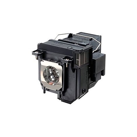 Nahaufnahme einer Projektorlampe in Schwarz mit silbernen Akzenten und einer Linse.