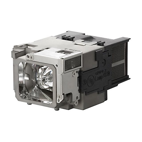 Nahaufnahme einer Projektorlampe mit metallischen und schwarzen Elementen. Die Lampe hat eine glänzende Oberfläche und ein Gitter.