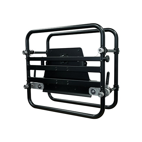 Schwarzes Metallgestell für Sim-Racing-Zubehör vor weißem Hintergrund.