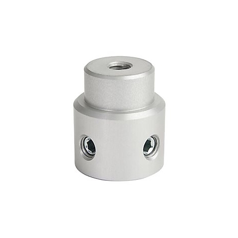 Silberne, zylindrische Metallhalterung mit Gewinde und zwei seitlichen Inbusschrauben.
