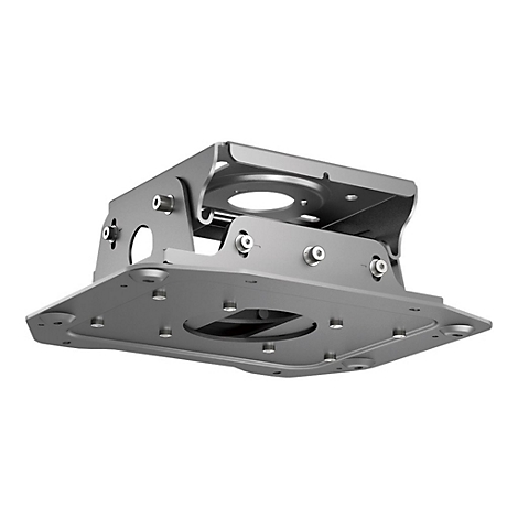 Eine silbergraue, metallische Deckenhalterung mit Gelenkmechanik vor weißem Hintergrund.