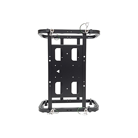 Schwarzer, metallischer Rahmen für LED-Wand-Module mit Montagelöchern und Sicherungsstiften vor weißem Hintergrund.
